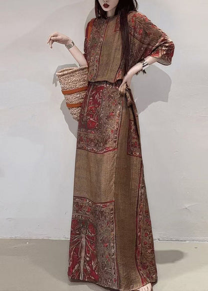 Coffee Cinched Print Linen Holiday Dress Summer