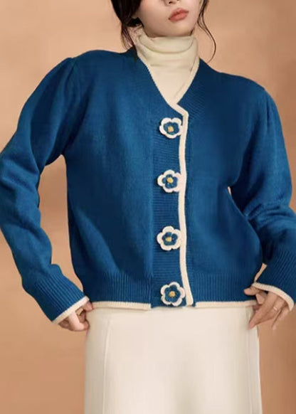 Blue V Neck Knit Short Sweater Winter