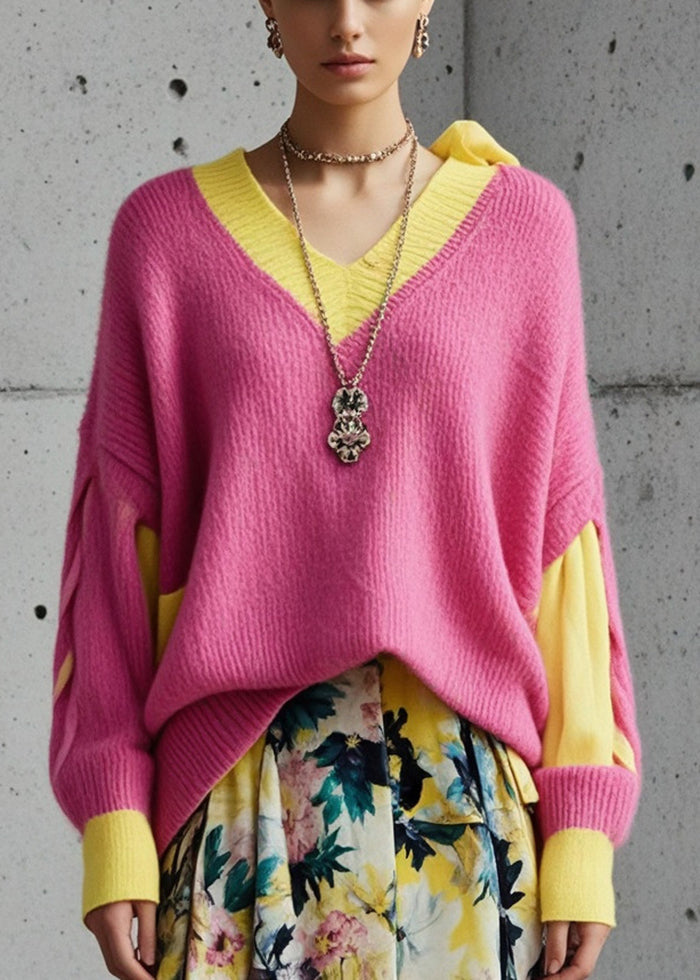 Pink Oversized Patchwork Knit Sweater Tops Fall
