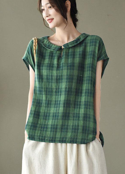 Black White Plaid Peter Pan Collar Cotton Shirts Summer