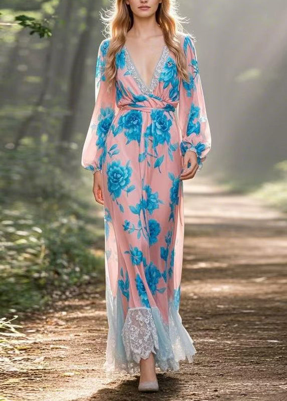 V Neck Lace Print Patchwork Chiffon Dress Spring