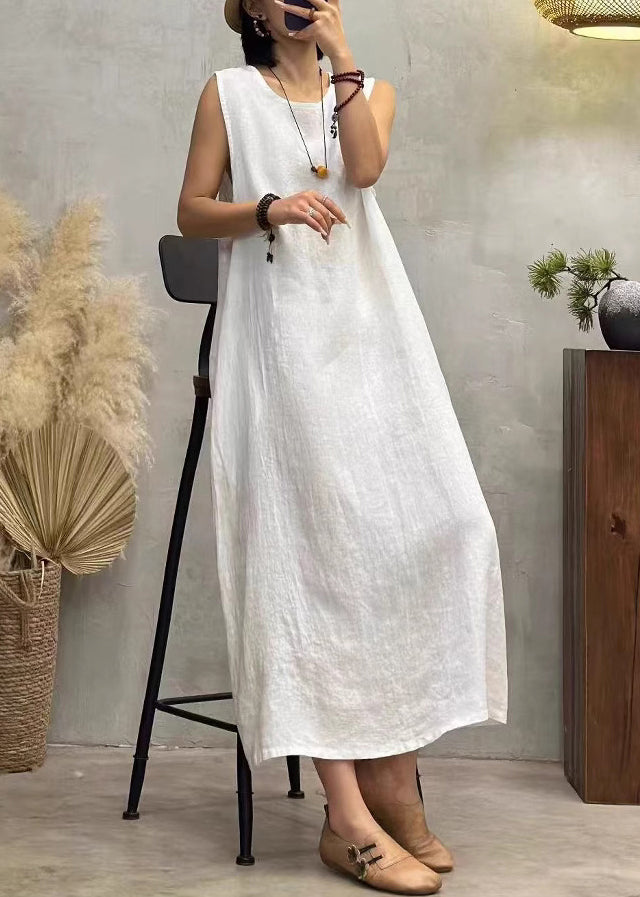 New White O Neck Pockets Linen Long Dress Sleeveless