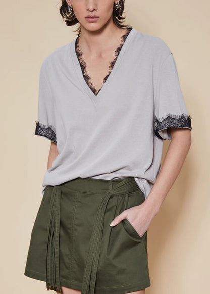 Grey Lace Cotton T Shirt V Neck Short Sleeve