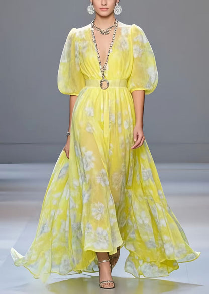 Yellow Cinched Print Chiffon Vacation Dresses Half Sleeve