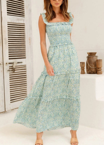 Purple Ruffled Print Patchwork Cotton Long Dresses Summer