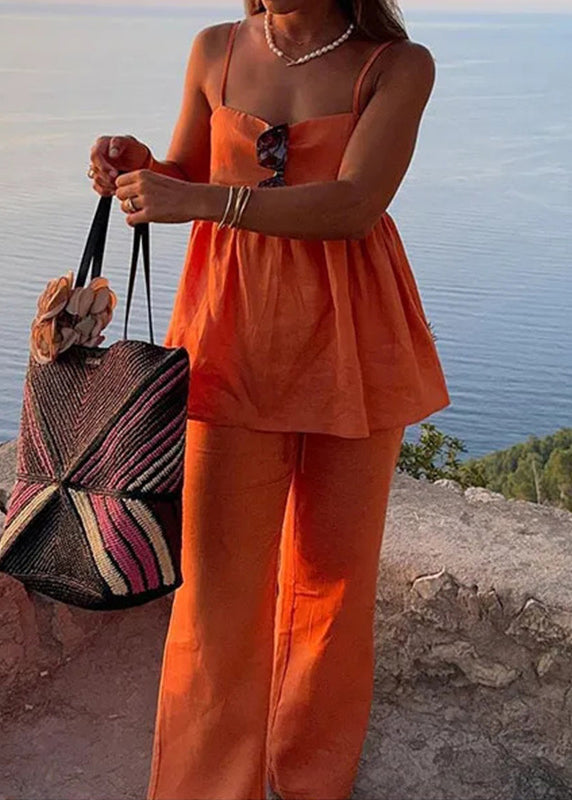 Simple Orange Spaghetti Strap Tank and Pants Cotton 2 Piece Outfit Sleeveless