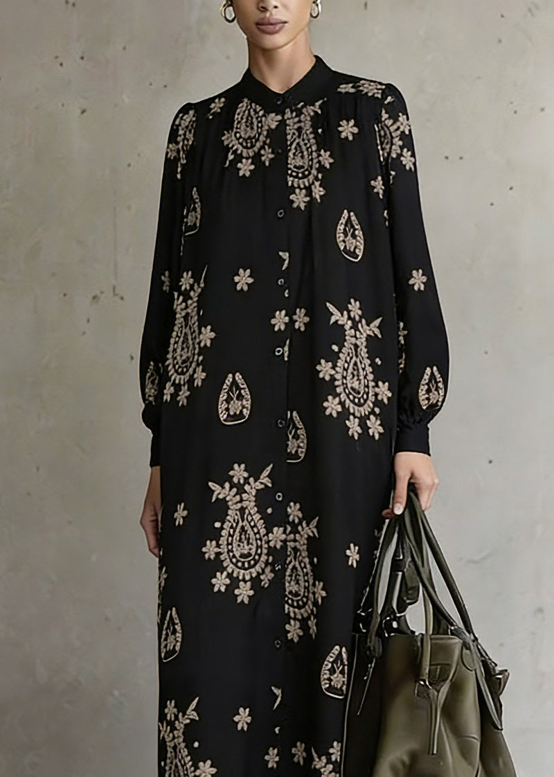 Black Stand Collar Print Ankle Dress Lantern Sleeve