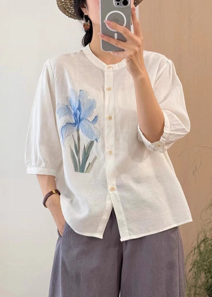 Orange Button Print Linen Blouses Half Sleeve