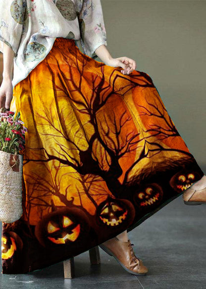 Green Print Ramie Elastic Waist Skirt