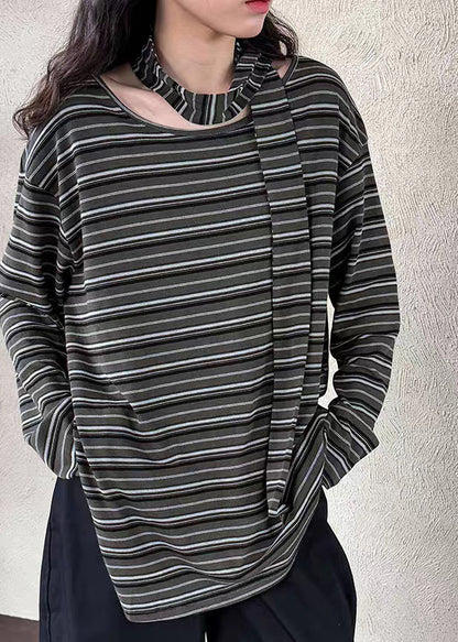 Striped O-neck Side Open T Shirt Spring