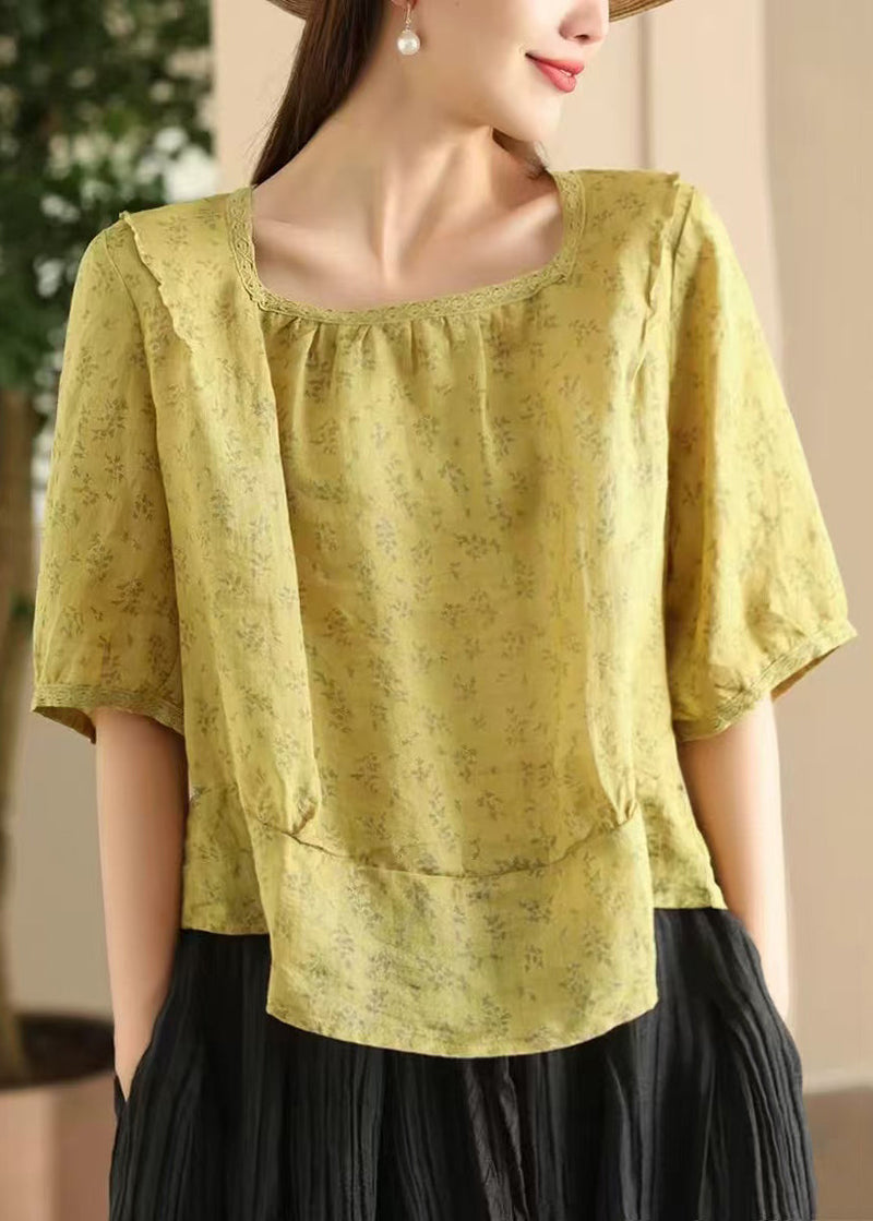 Stylish Pink Square Collar Print Wear on Both Sides Linen Blouses Summer