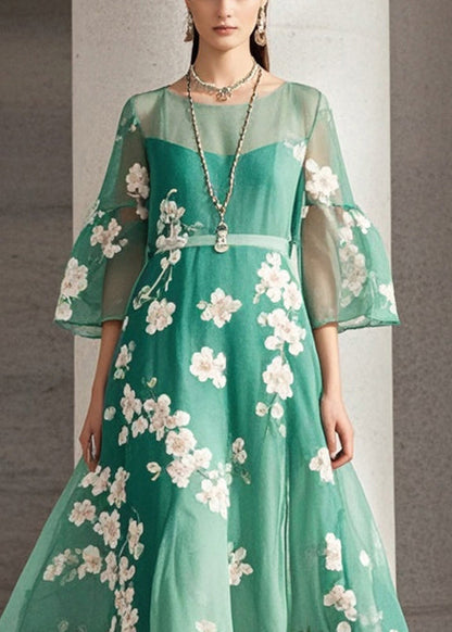 Green Print Chiffon Long Dresses Summer
