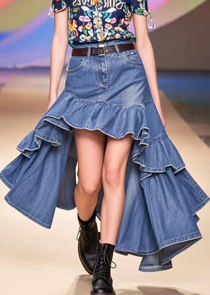 Blue Ruffles Low High Design Denim Holiday Skirts Spring