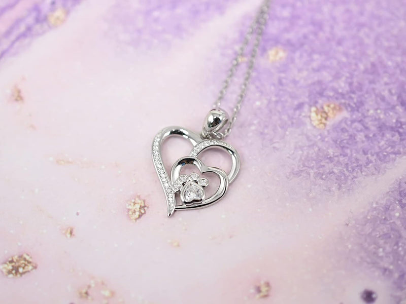 Sterling Silver Paw & Heart Necklace With Zirconia