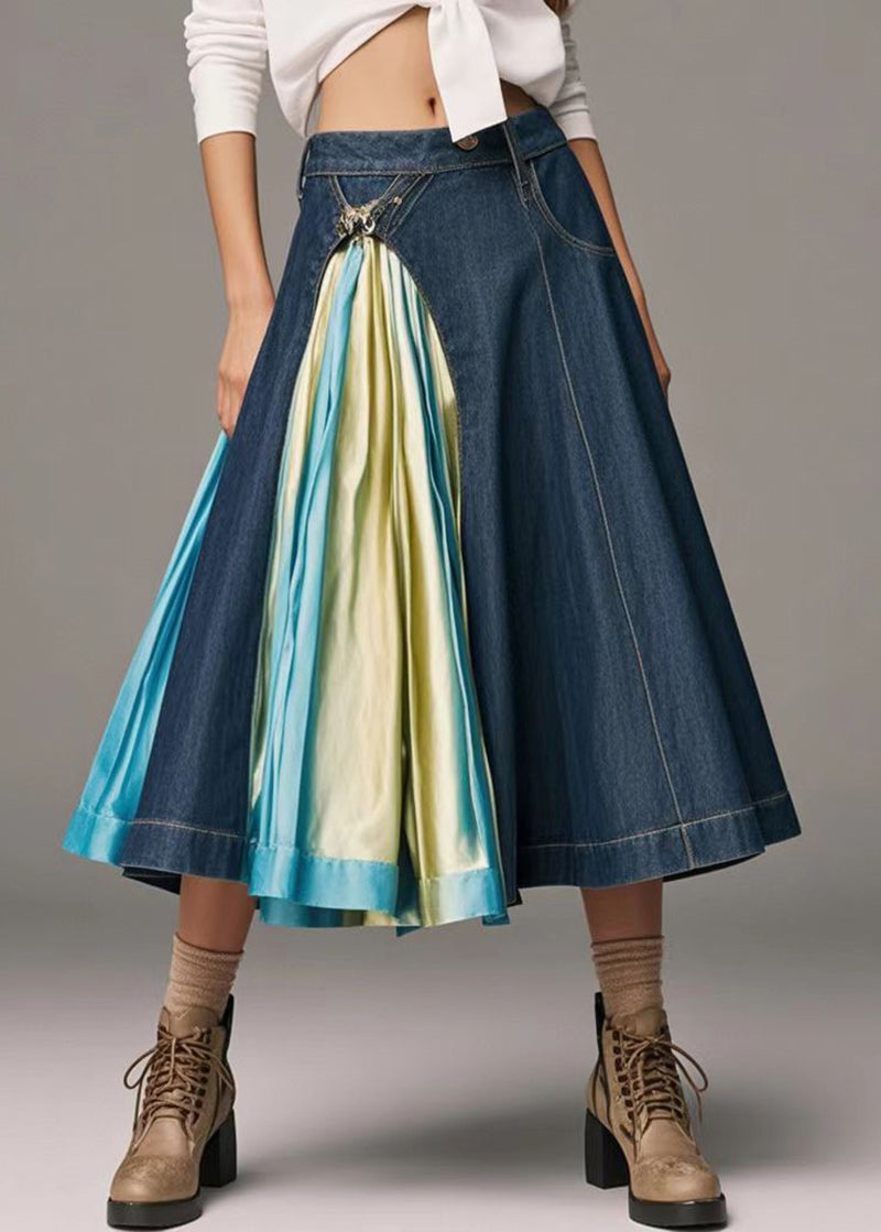 Navy Asymmetrical Patchwork Tie Dye Denim a Line Skirts Fall