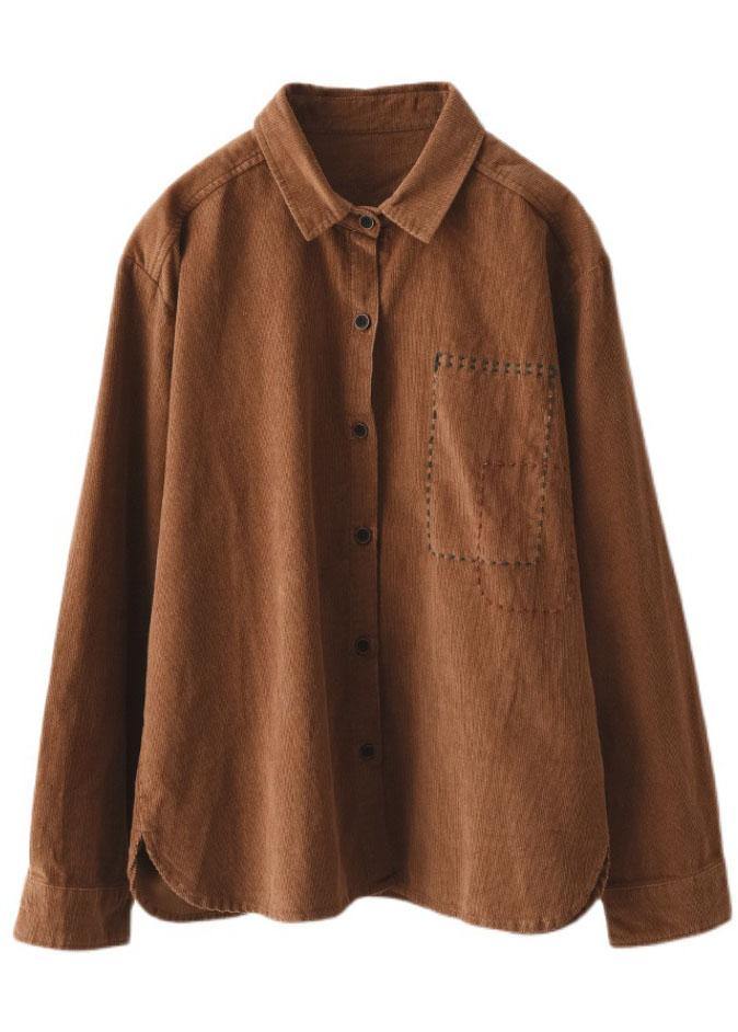 French Khaki Loose Embroidered Patchwork Fall Top Long Sleeve