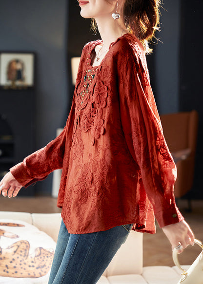 New Red Square Collar Embroidered Cotton Tops Spring