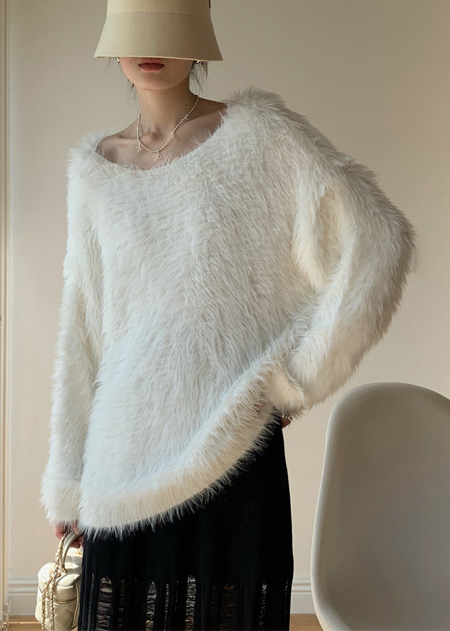 Simple White O-neck Mink Velvet Knit Sweater Winter