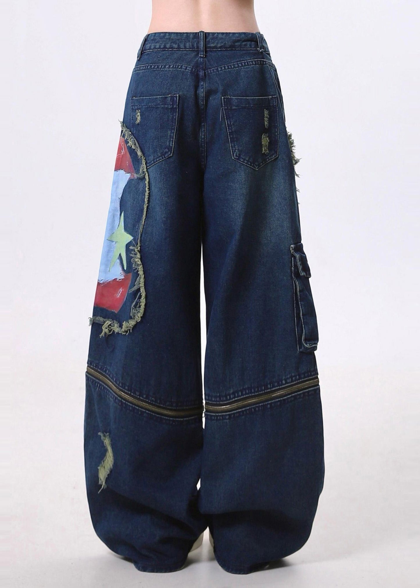Fitted Navy Patchwork Wear on Both Sides Denim Ripped Pants Spring