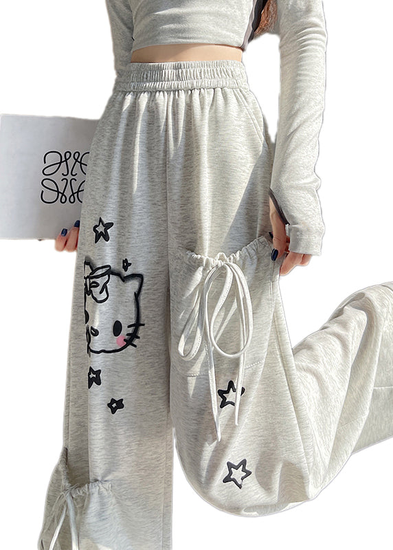 Light Grey Elastic Waist Print Pockets Cotton Pants Fall
