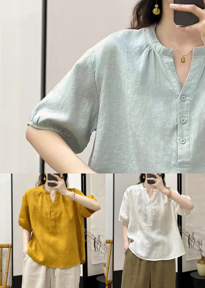 White Button Linen Summer Shirts V Neck