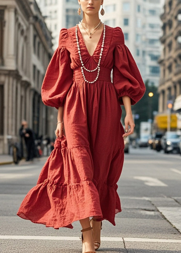 Dull Red V Neck Exra Large Hem Silm Fit Dress Lantern Sleeve