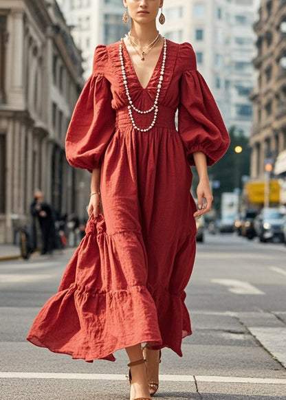 Dull Red V Neck Exra Large Hem Silm Fit Dress Lantern Sleeve