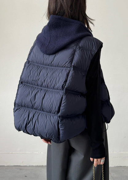 Navy Drawstring Patchwork Duck Down Waistcoat Zippered Winter