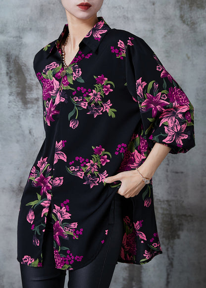Purple Oversized Print Silk Blouse Top Summer