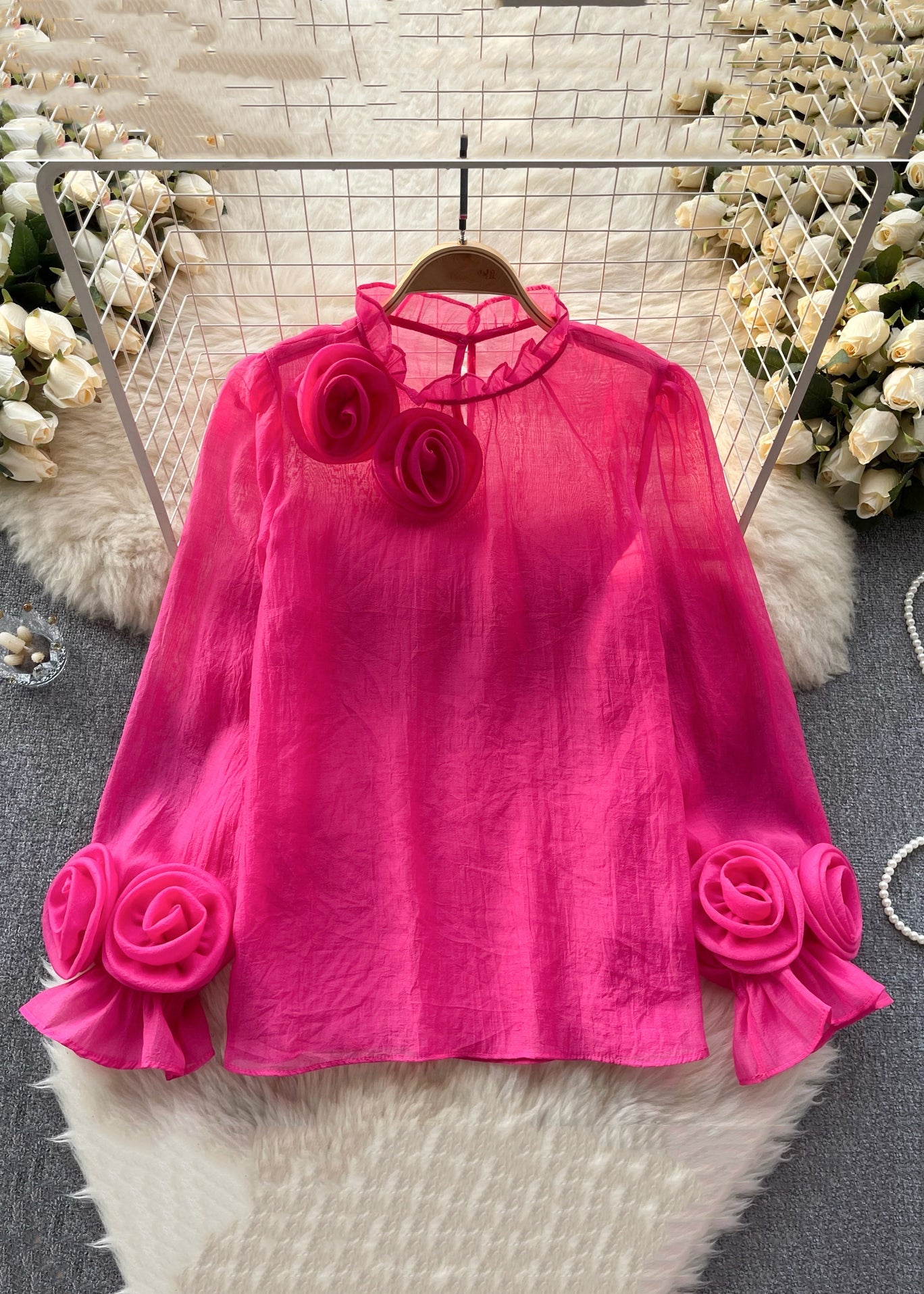 Rose Ruffled Chiffon Tops Long Sleeve