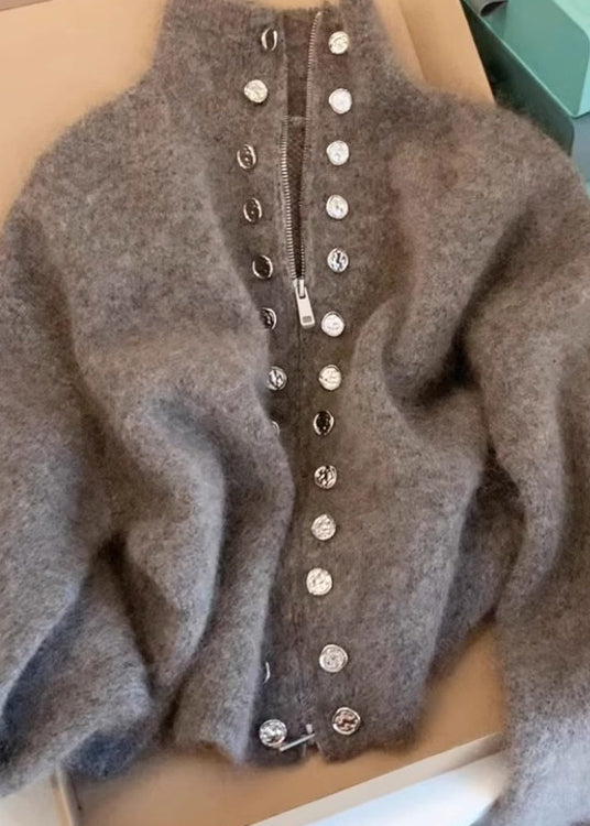 Grey High Neck Zip Up Woolen Knit Cardigans Spring