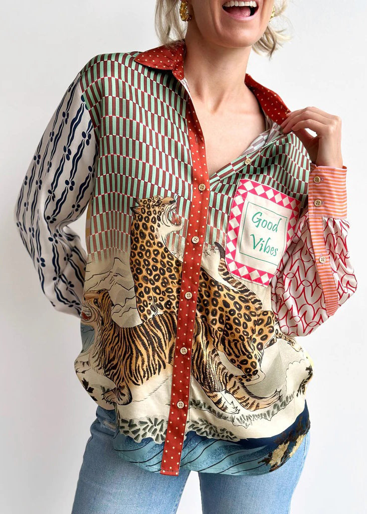 Animal Print Asymmetrical Button Cotton Shirts Long Sleeve