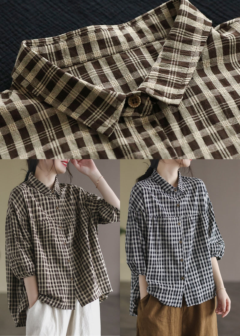 Black Peter Pan Collar Plaid Linen Shirt Half Sleeve