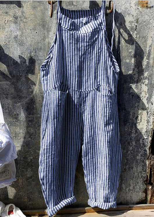 Yellow Striped Pockets Cotton Jumpsuits Summer