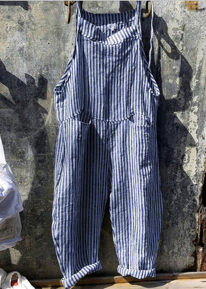 Yellow Striped Pockets Cotton Jumpsuits Summer