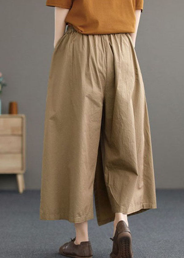 Khaki Cotton Wide Leg Pants Elastic Waist Asymmetrical Summer