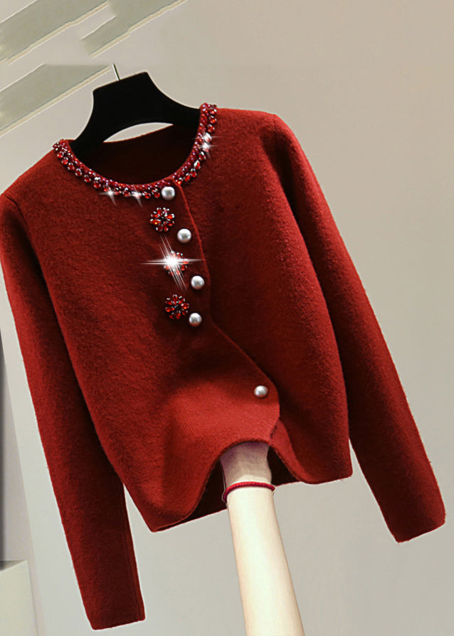 Red O-neck Thick Cotton Knit Sweater Winter