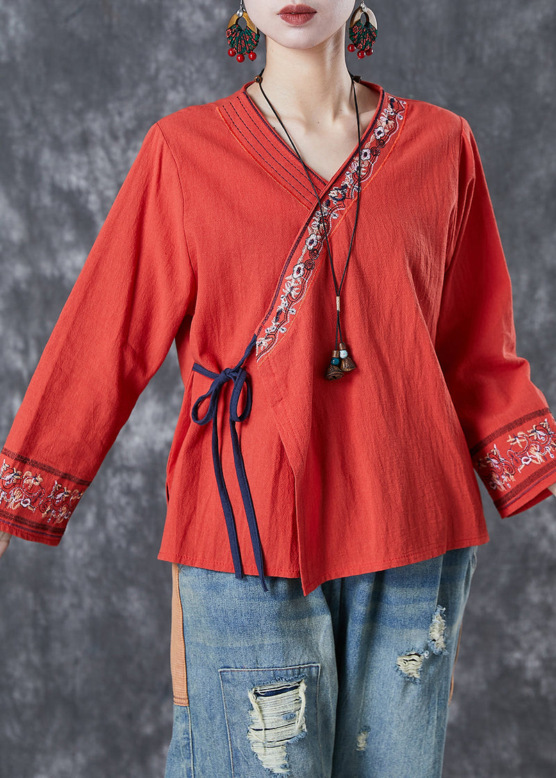 Red Embroidered Lace Up Linen Blouse Top Summer