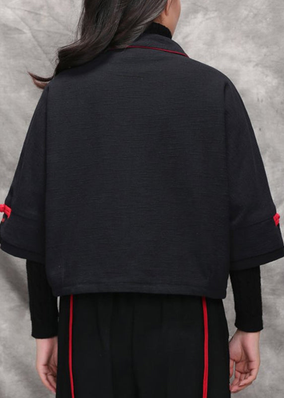 Black Peter Pan Collar Embroidered Coats Long Sleeve