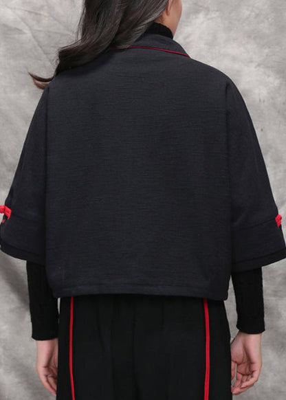 Black Peter Pan Collar Embroidered Coats Long Sleeve
