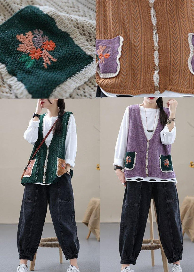 Style Khaki Embroidered Pockets Fall Shirt Knit Vest Sleeveless