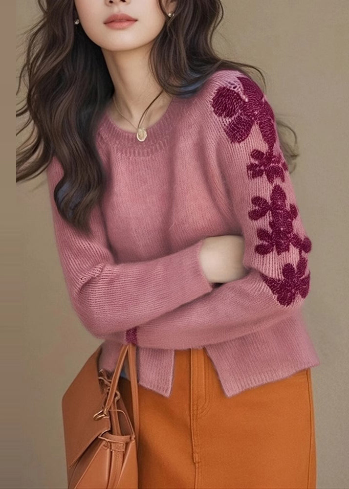 Rose Embroidered Side Open Knit Sweater Tops Winter