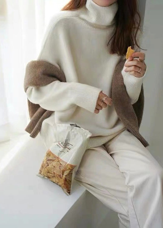 French Khaki Hign Neck Thick Knitted Sweaters Tops Fall