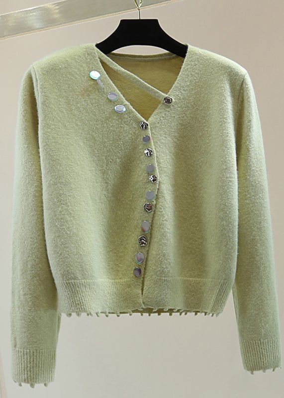 Mulberry V Neck Asymmetrical Sequins Cotton Knit Sweaters Winter