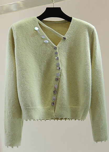 Mulberry V Neck Asymmetrical Sequins Cotton Knit Sweaters Winter