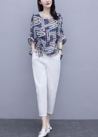 Blue Print Top and Pants Two Pieces Set Summer