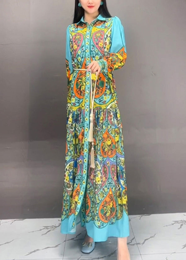 Blue Peter Pan Collar Button Print Cotton Long Dress Fall