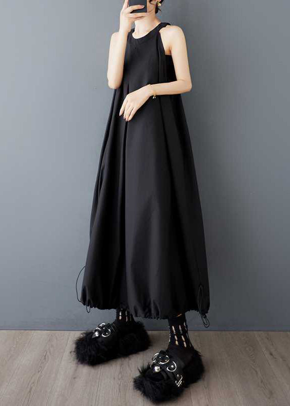 Black O Neck Wrinkled Drawstring Cotton Dress Sleeveless
