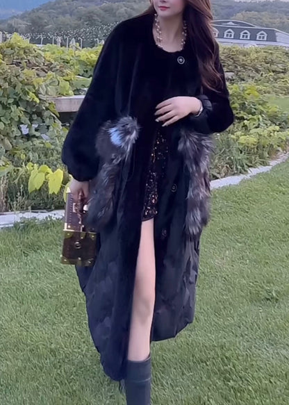 Orange O-neck Drawstring Patchwork Button Leather and Fur Maxi Parka Winter