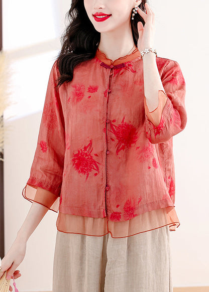 Red Print Tops and Pants Linen Two Pieces Set Summer